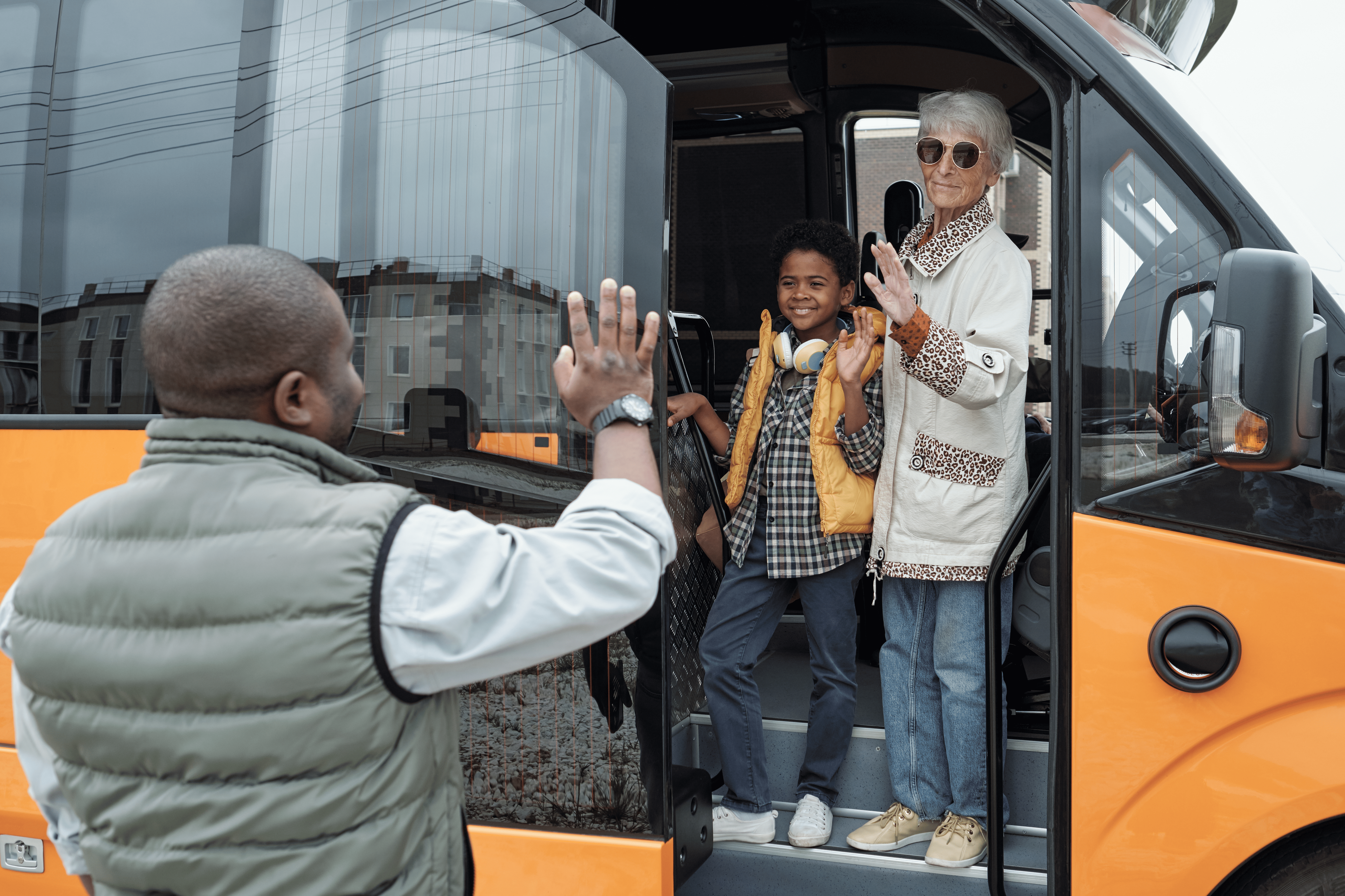 Students boarding a safe school minibus near Athens